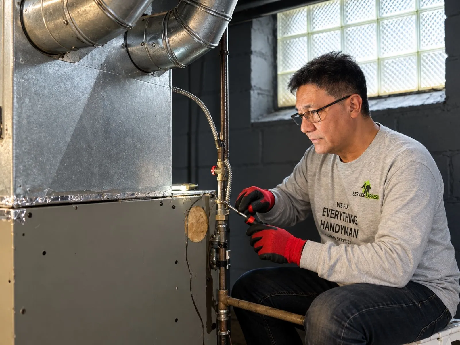 A technician in red-and-black work gloves using a screwdriver on a metal air handler with ductwork above it.