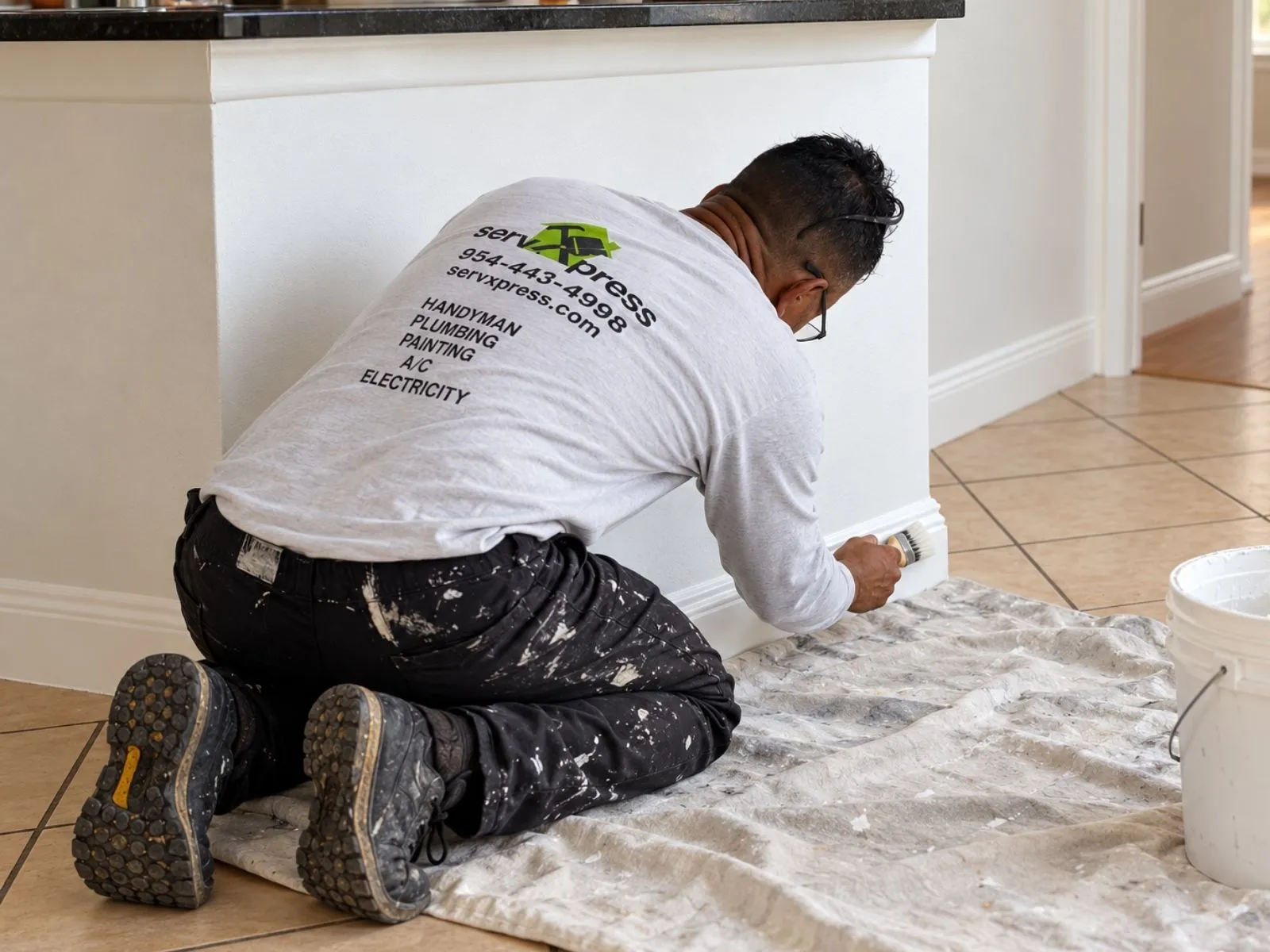 A ServXpress worker kneeling on a drop cloth, painting a baseboard in a room with tile flooring.