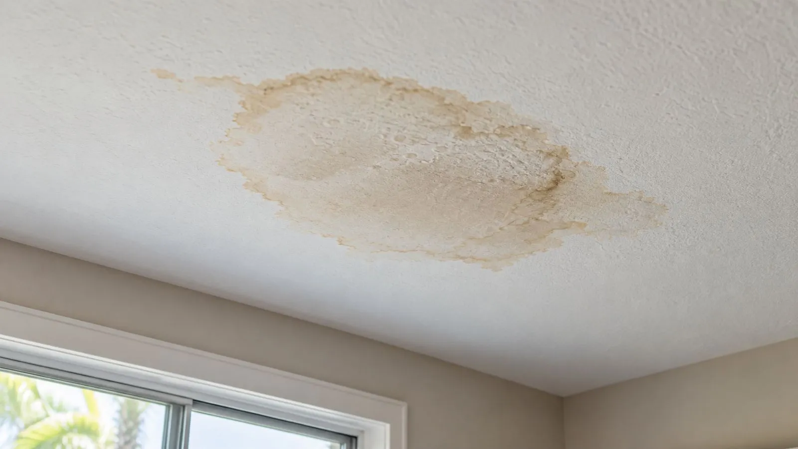 A water stain with a ragged tan edge spreading across a textured white ceiling, above a window.