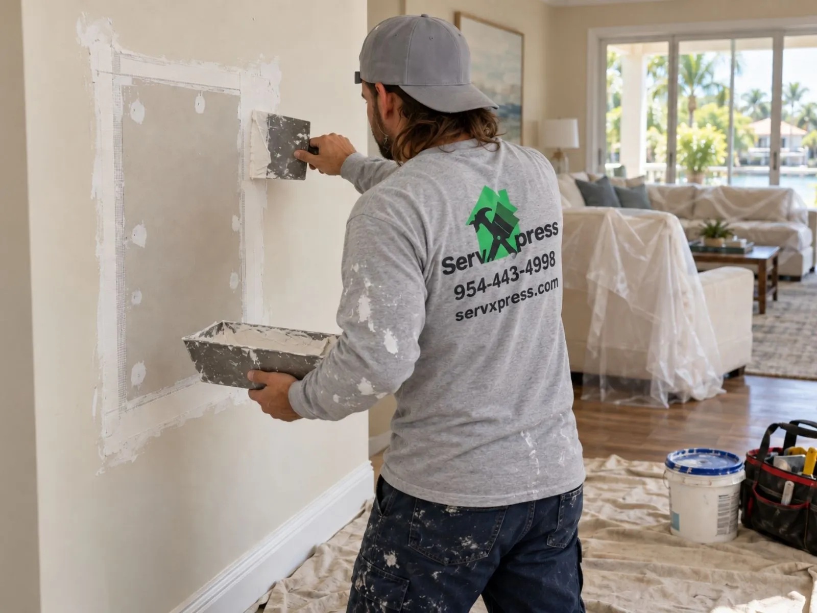 A ServXpress worker applying joint compound to a patched section of drywall in a living room covered with plastic sheeting.