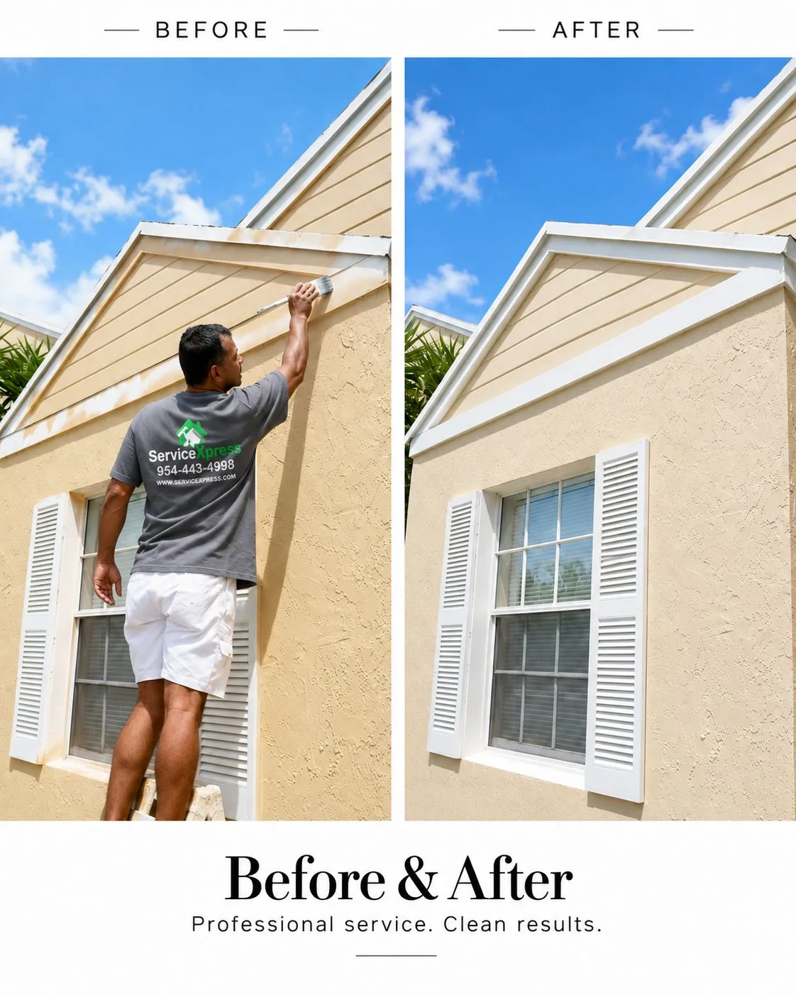 ServXpress before-and-after graphic: exterior painting, one example of the painting work ServXpress coordinates