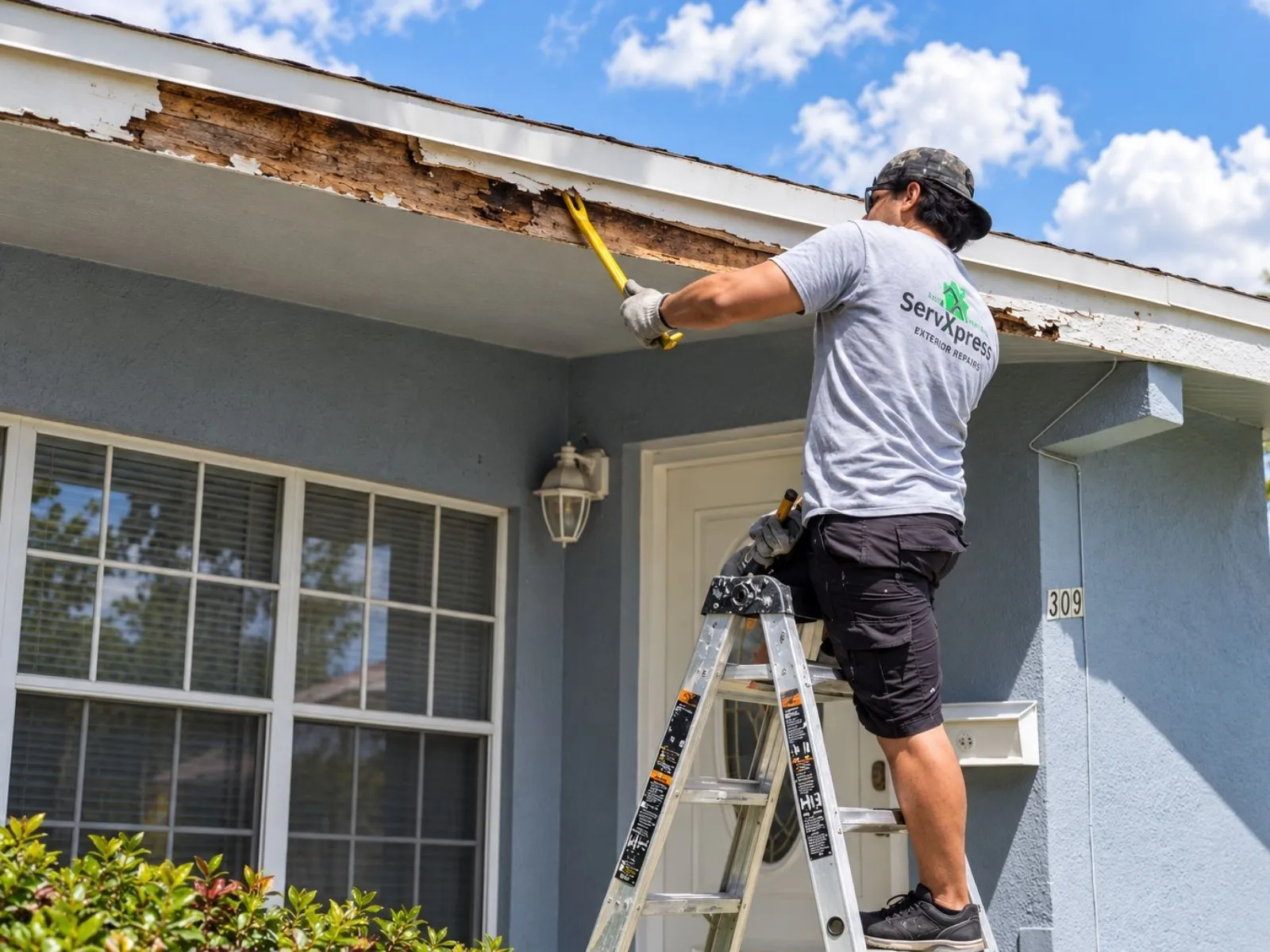 A ServXpress worker on a stepladder using a tool on a damaged section of the roofline above the entrance of a blue house.