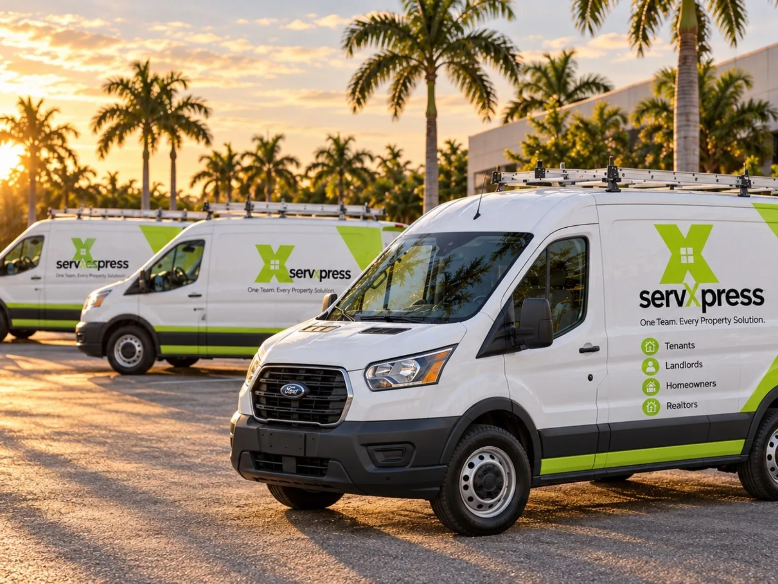 Three white ServXpress vans with roof racks parked in a row at sunset, with palm trees behind.