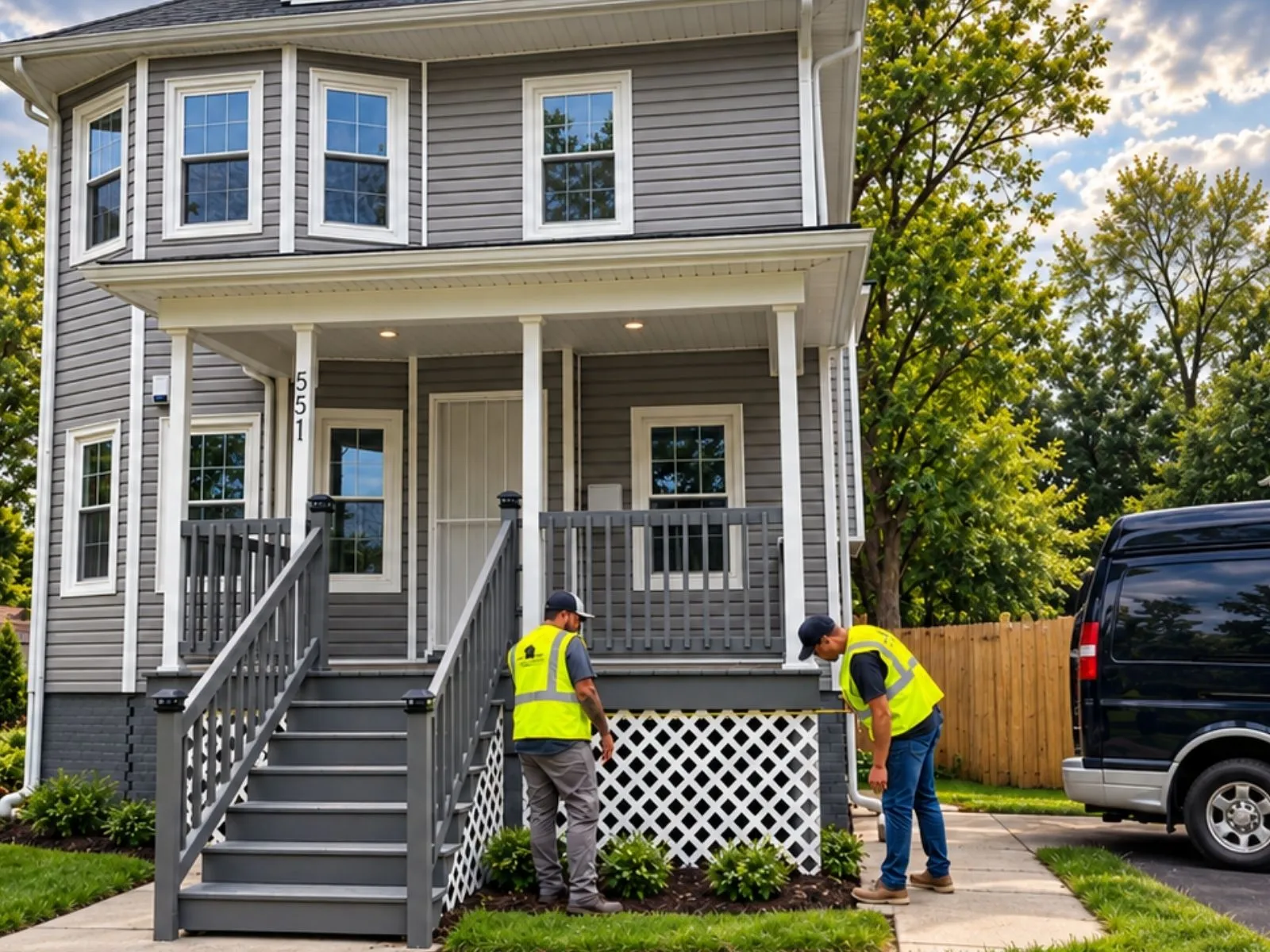 Two workers in yellow safety vests at the front porch of a gray two-story house, one appearing to measure along the lattice skirting.
