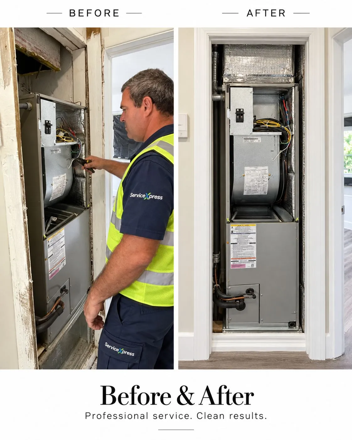 ServXpress before-and-after graphic: air conditioning work, one example of the HVAC work ServXpress coordinates