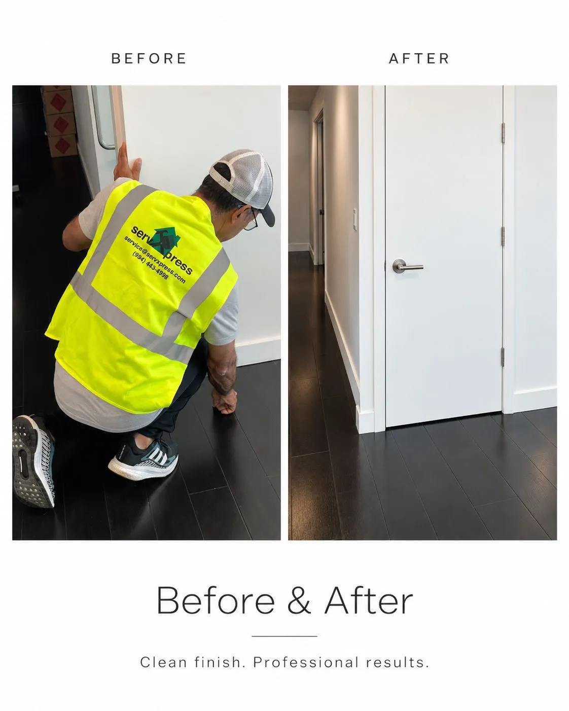 ServXpress before-and-after graphic: interior door installation, one example of general repair and installation work