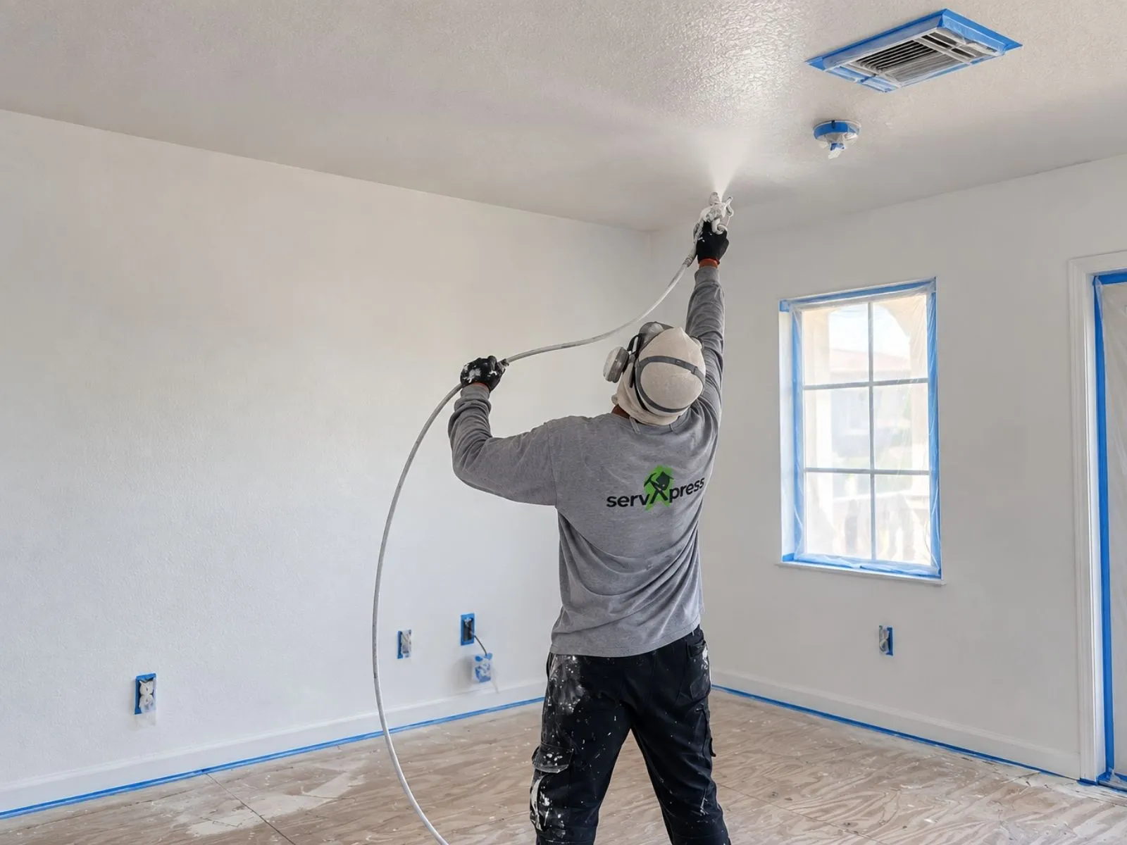 A ServXpress worker spray-painting the ceiling of an empty room with taped window frames.