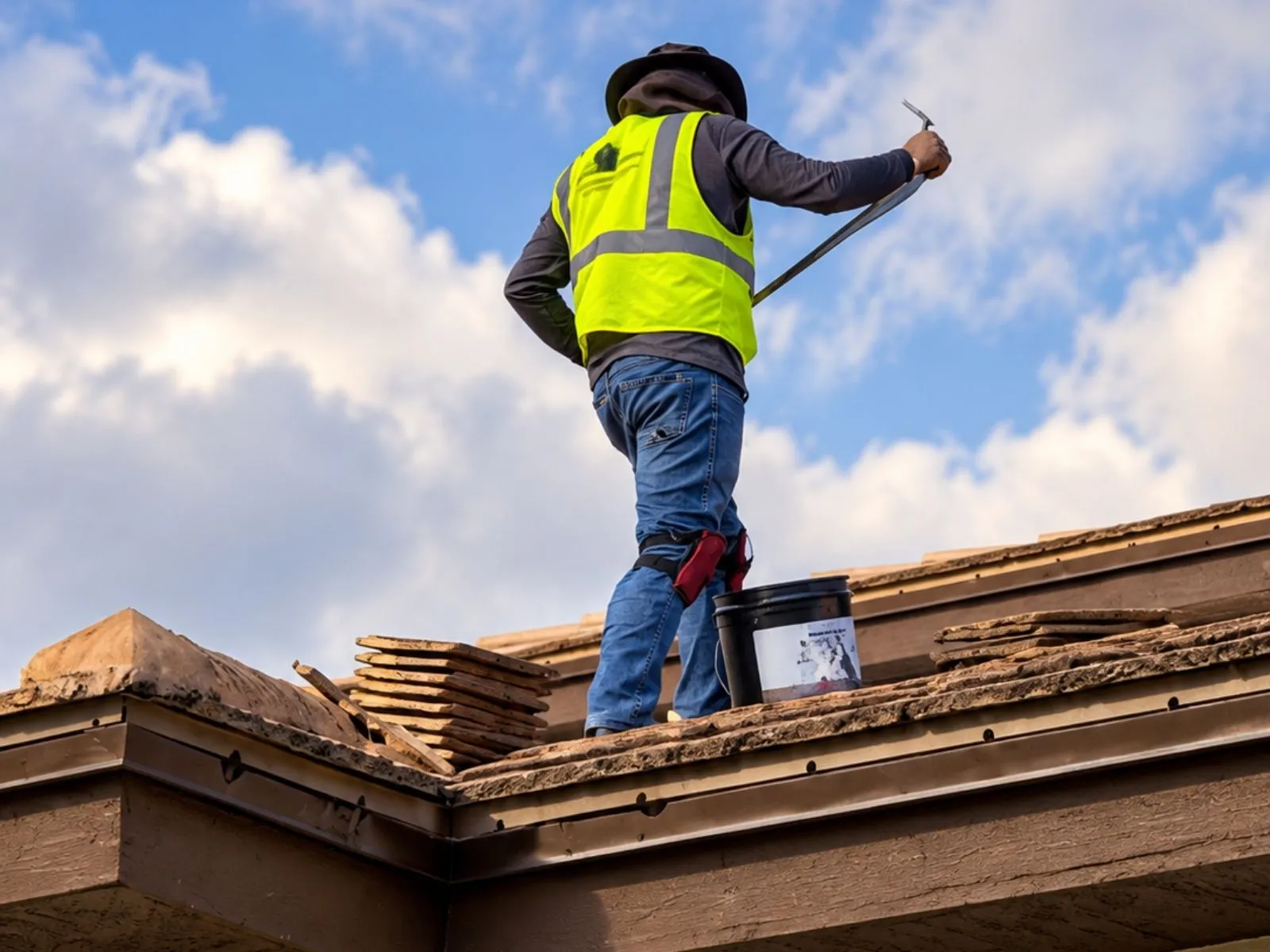 Worker performing roof work on a tiled roof
