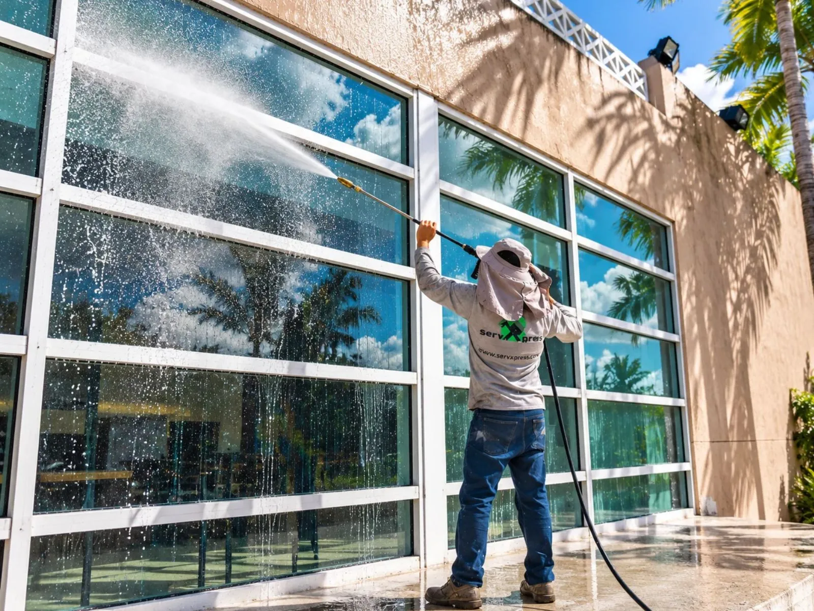 Worker pressure washing large exterior glass panels