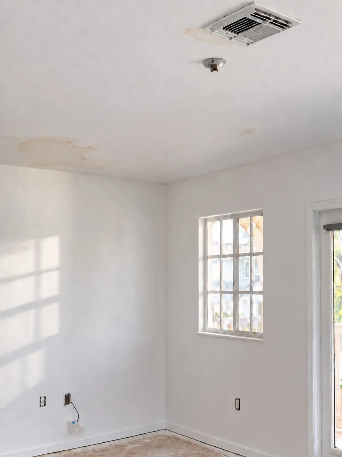 Room with a stained ceiling and marked walls