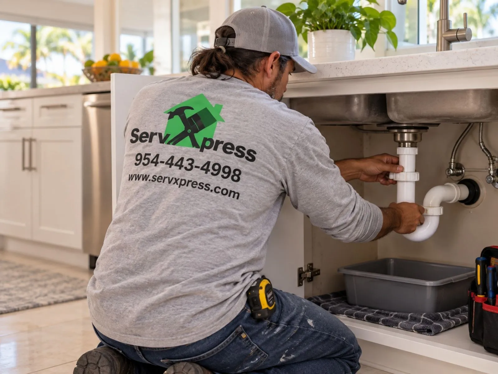 A ServXpress worker kneeling at an open kitchen sink cabinet, working on the white drain pipes under the sink.