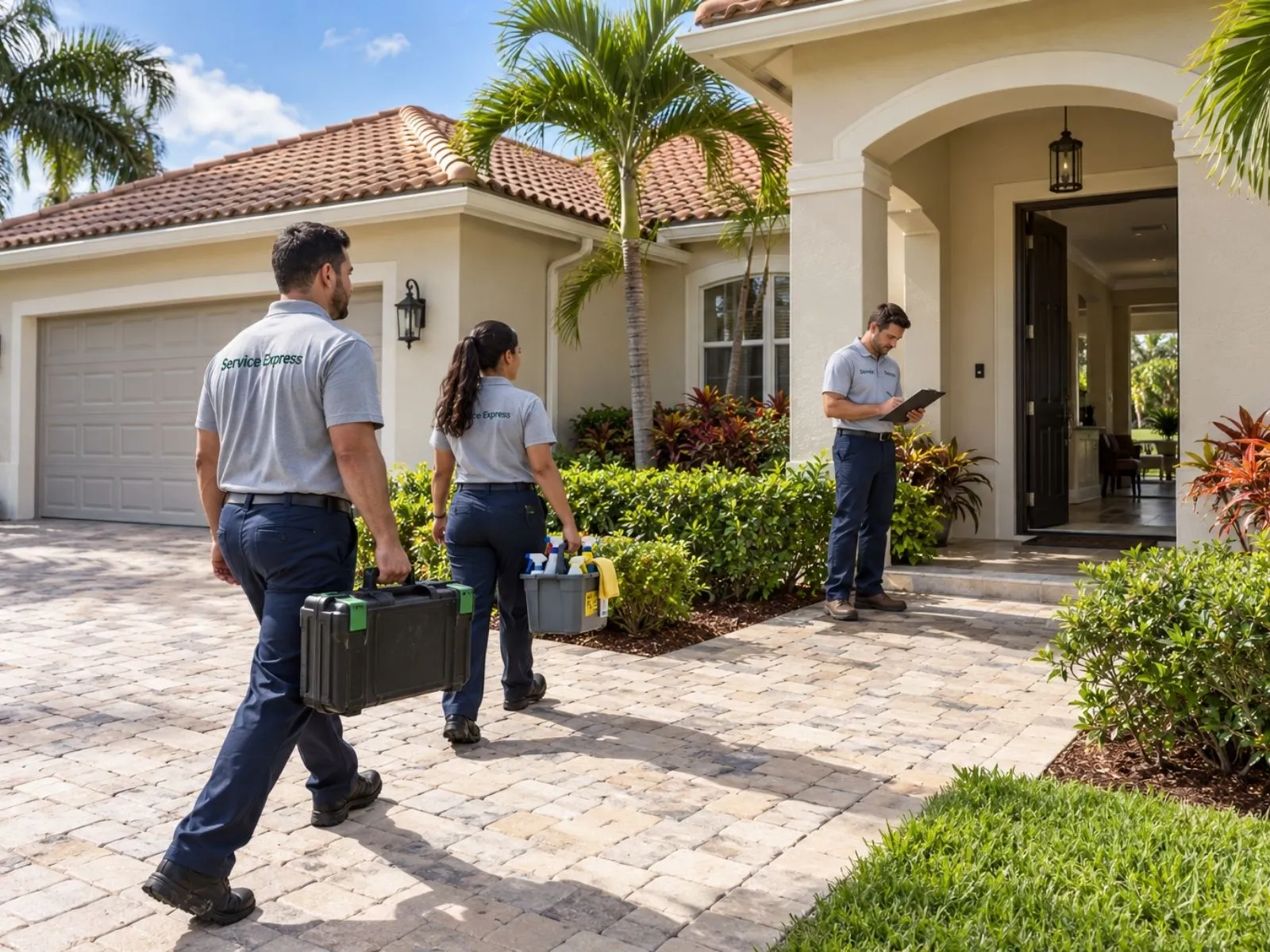 Three workers walking toward the entrance of a single-story house with landscaped hedges and a palm tree; one carries a tool case and another carries a cleaning-supply caddy.