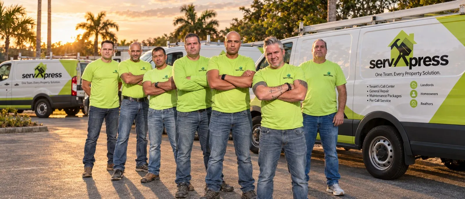 ServXpress crew standing in front of company vehicles at sunset