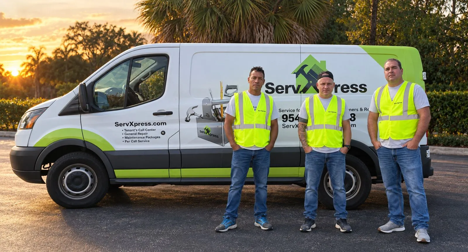 Three ServXpress team members in high-visibility vests standing next to a ServXpress van.