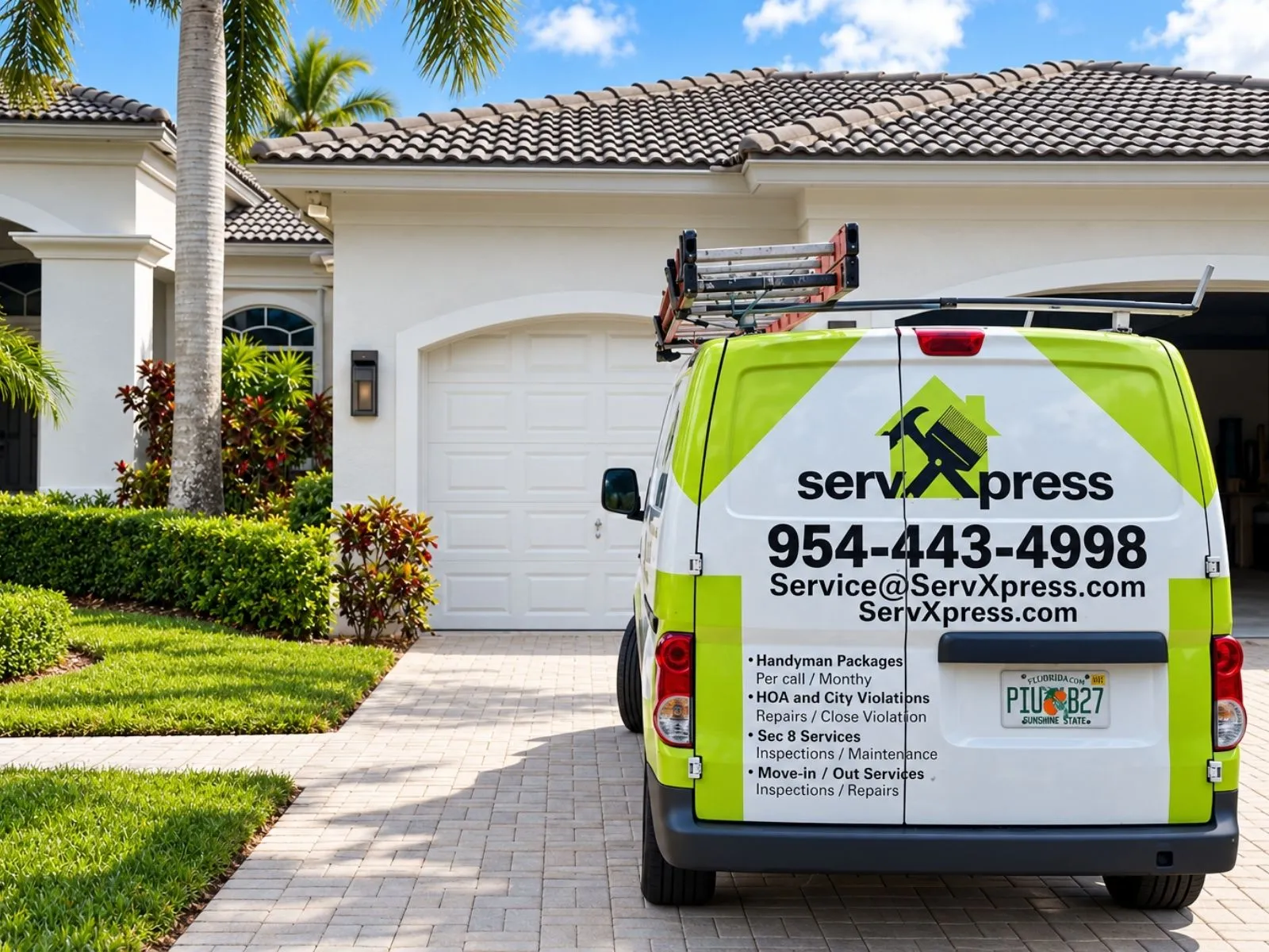 A white ServXpress van parked on a paver driveway in front of a house with a tile roof, with palm trees, hedges and a lawn.