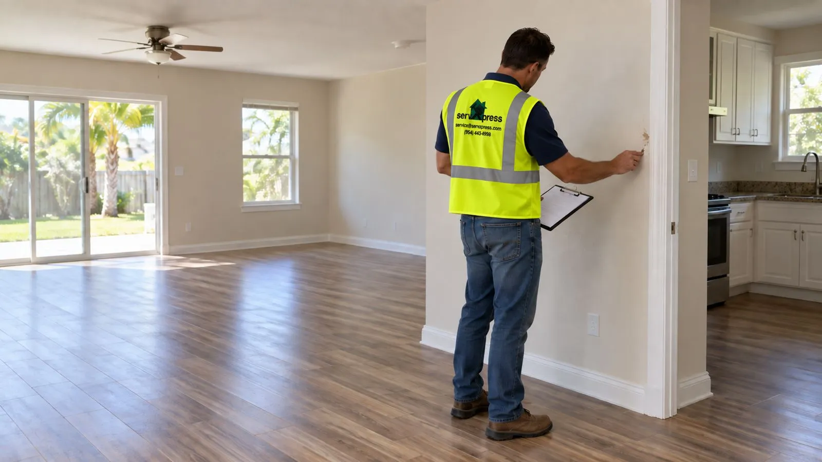 A worker in a yellow ServXpress safety vest touching a small mark on a wall in an empty room with wood-look flooring and a kitchen beyond.