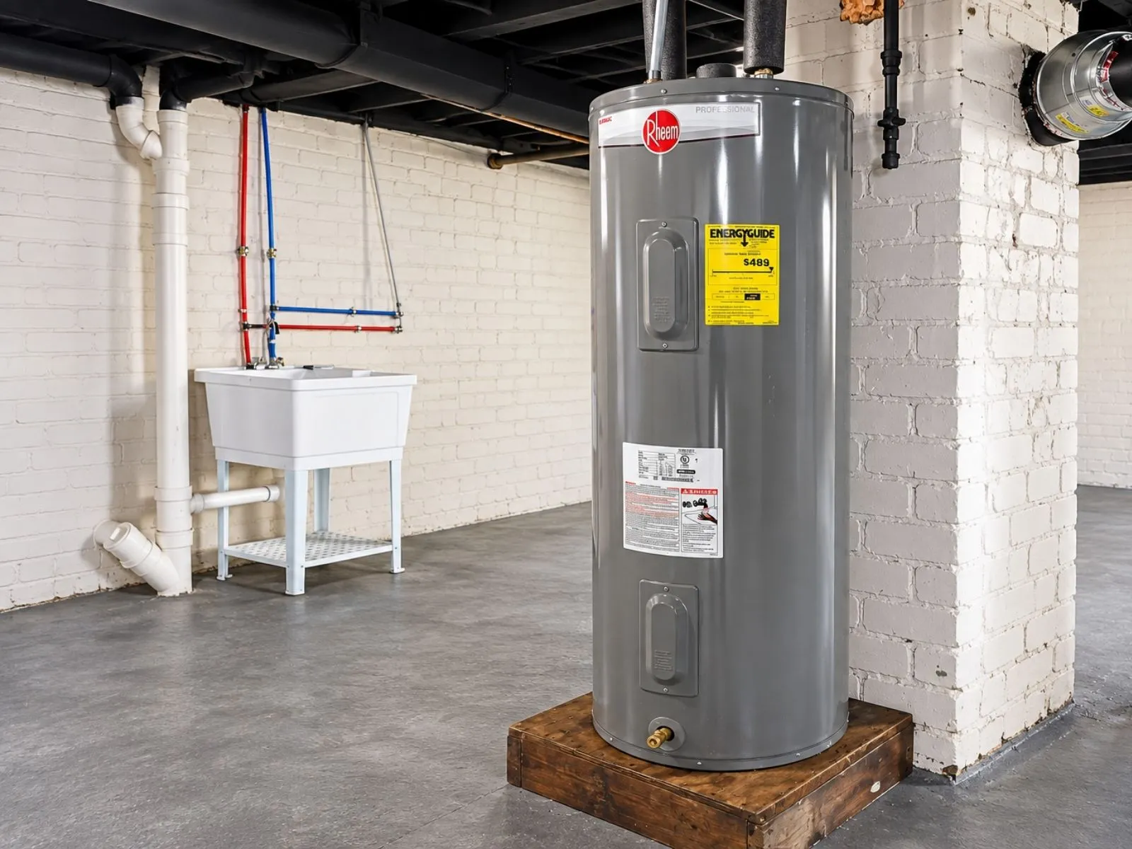 A gray electric water heater on a wooden stand in an unfinished basement with white brick walls and a utility sink.