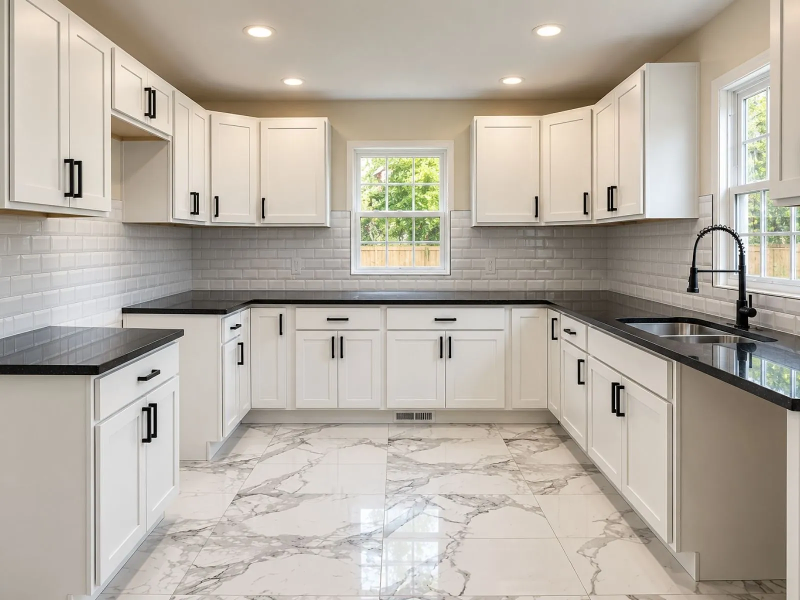 An empty kitchen with white cabinets, black countertops, a subway-tile backsplash and a white marble-look tile floor.