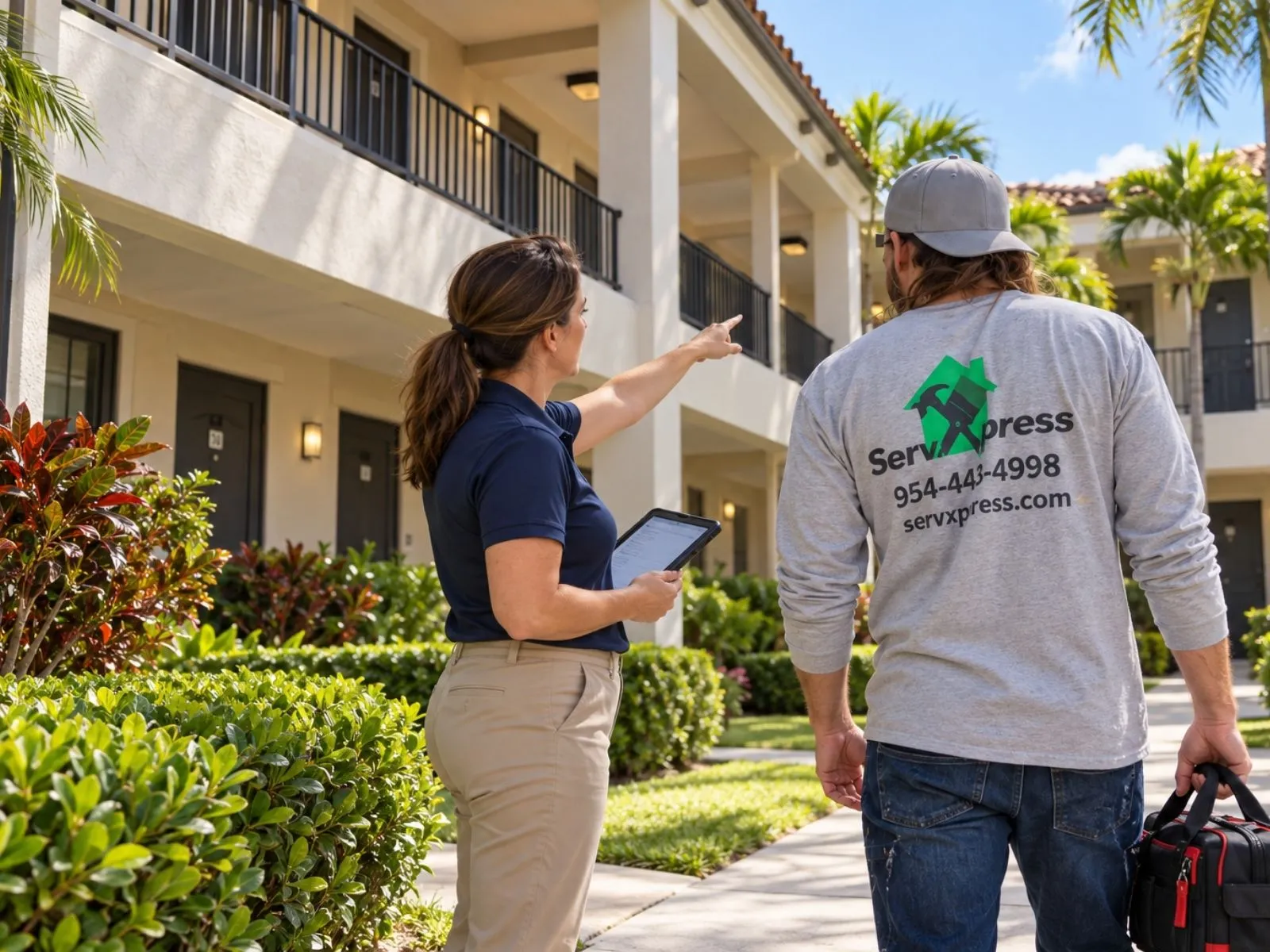 A woman holding a tablet and pointing toward a building while a ServXpress team member carrying a tool bag stands beside her.