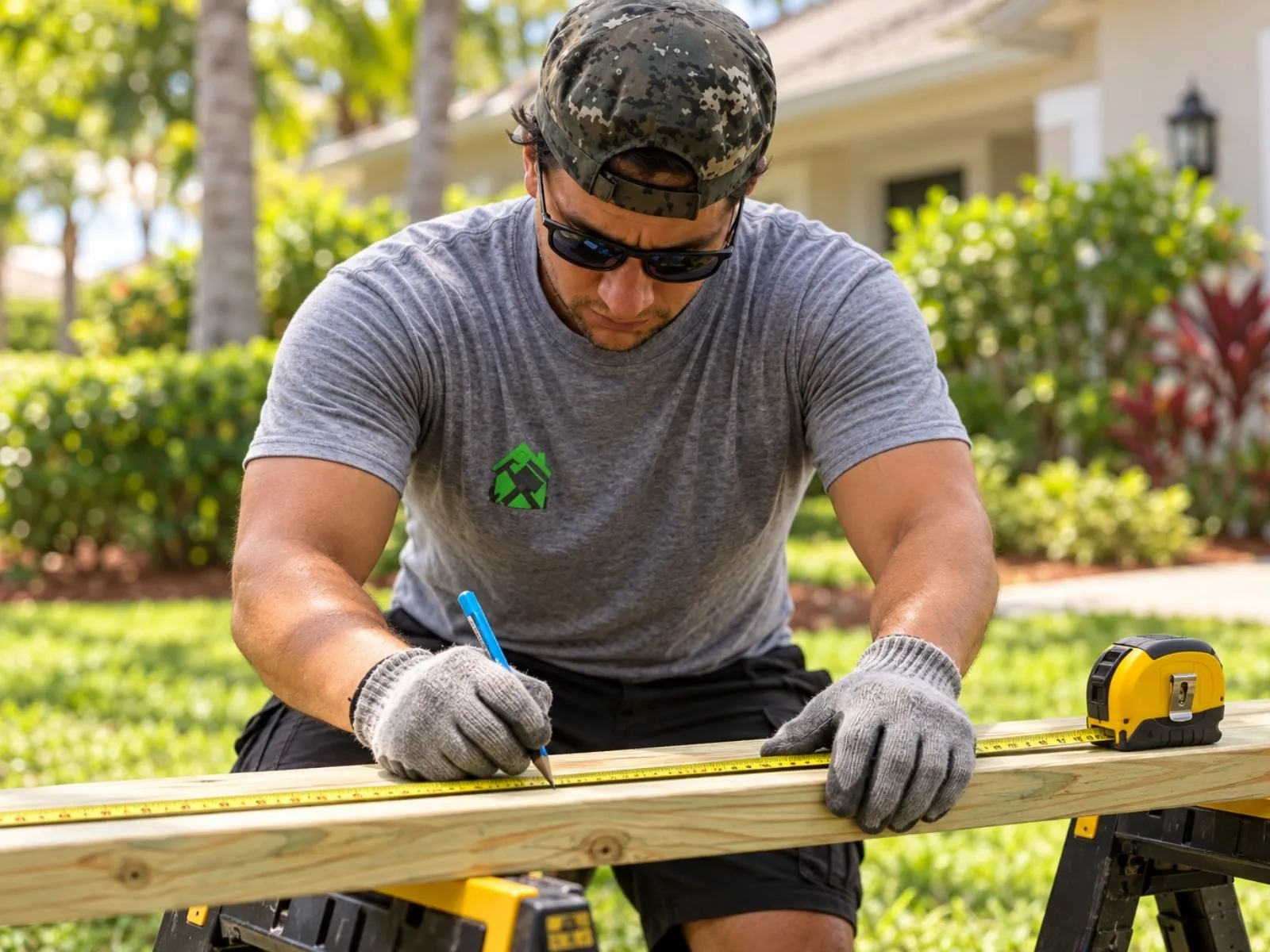 A worker in a gray ServXpress shirt and work gloves marking a wooden board with a pencil along a tape measure, outdoors.
